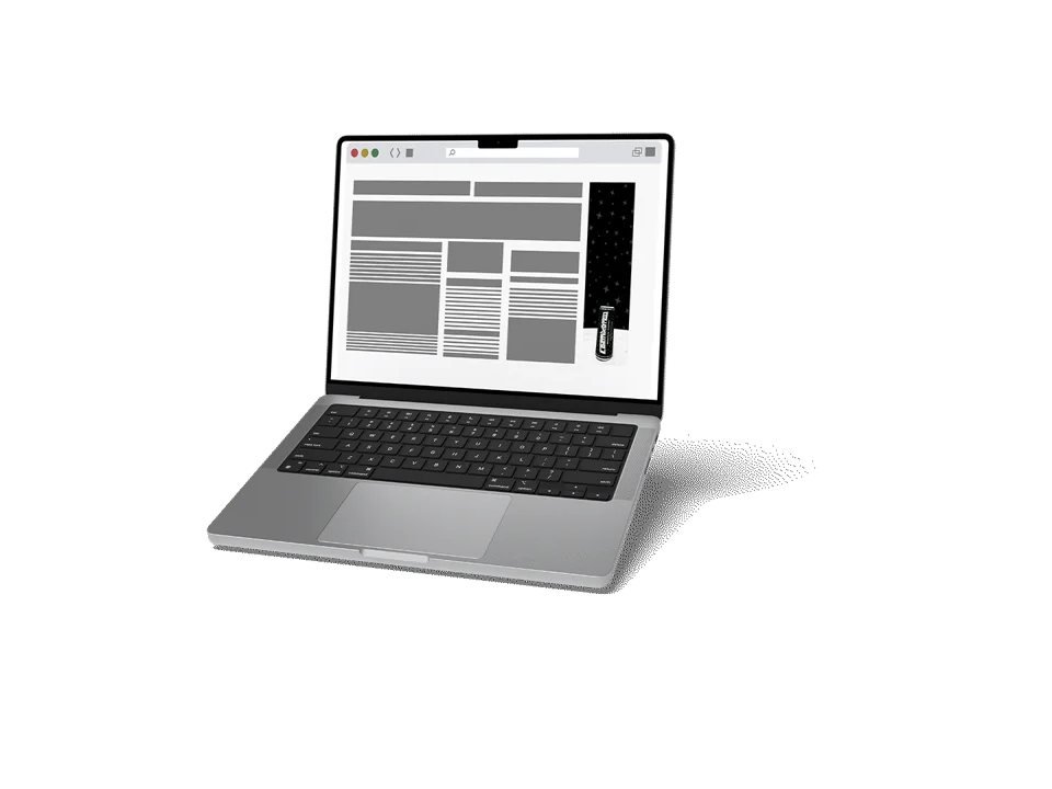 Original transparent laptop mockup showing wireframe website layouts and animated advertising