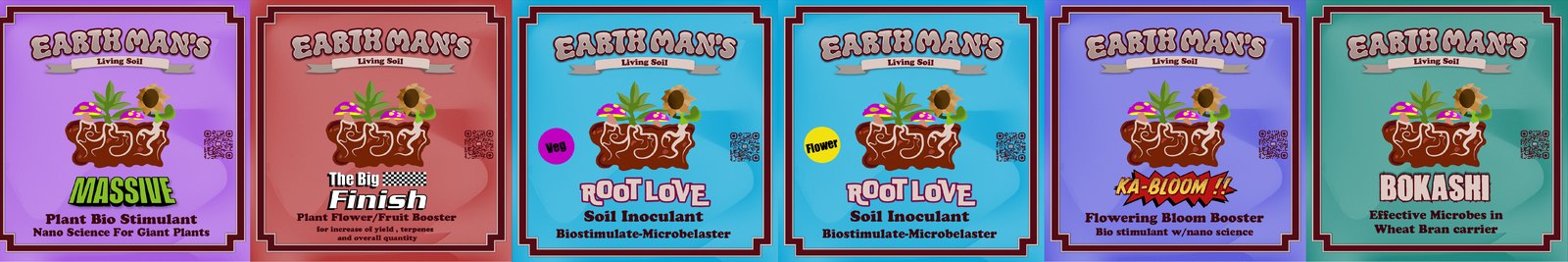 Six original EarthMan product labels in coordinated colors