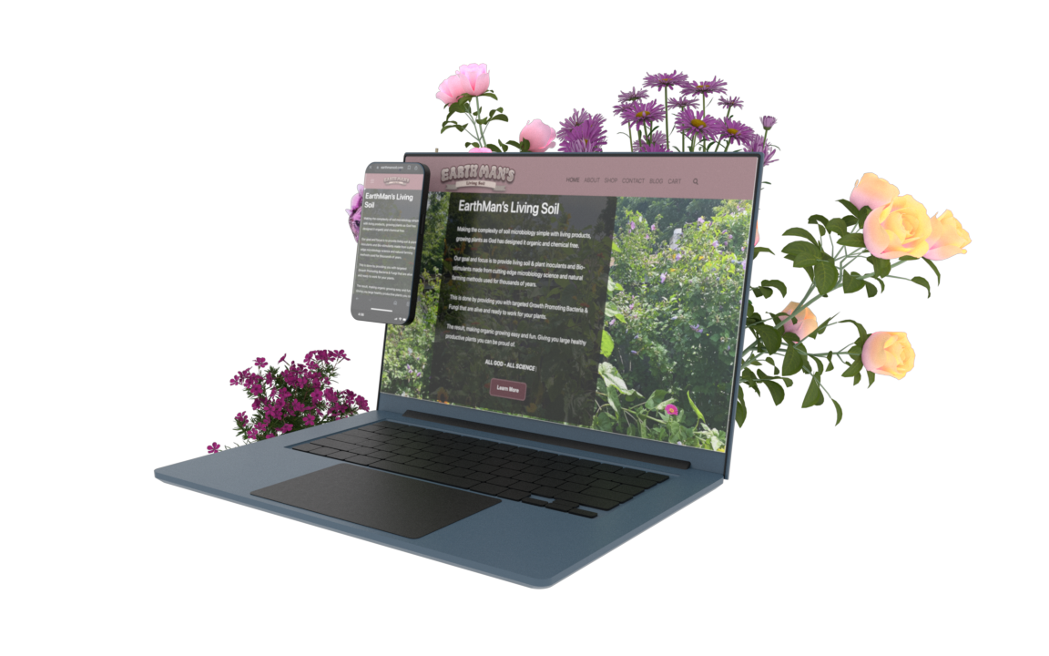 Original transparent EarthMan laptop and mobile website composition, with flowers growing around the devices