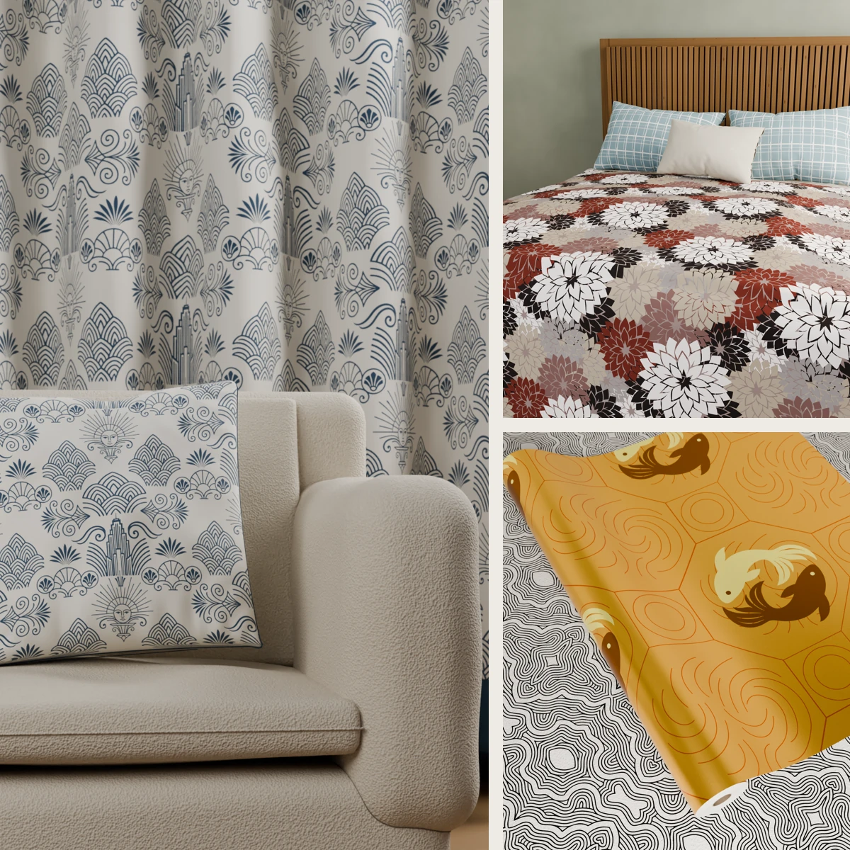 JP Patterns curtains, cushion, floral bedding and koi fabric