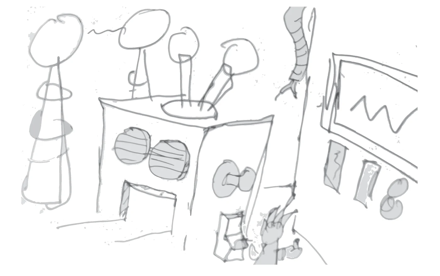 Original rough sketch of the Lab machine, screens and experiment equipment